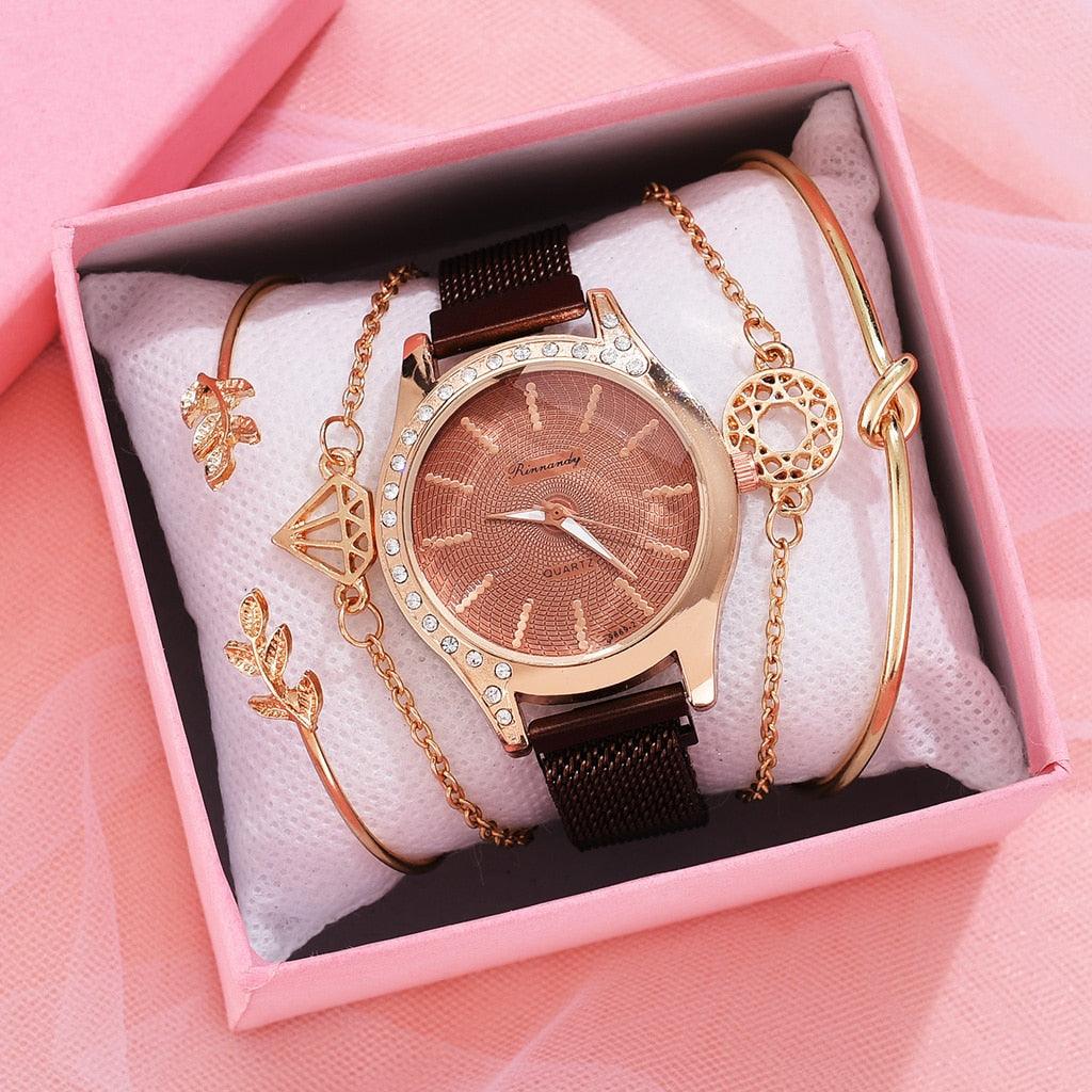 Women Watches New Luxury Fashion Quartz Ladies Watch Clock Rose Gold Diamond Dial Dress Casual Wristwatch Quartz Movement Girls Ladies Wristwatch Big Face Mesh Belt Watch And Bracelet Set