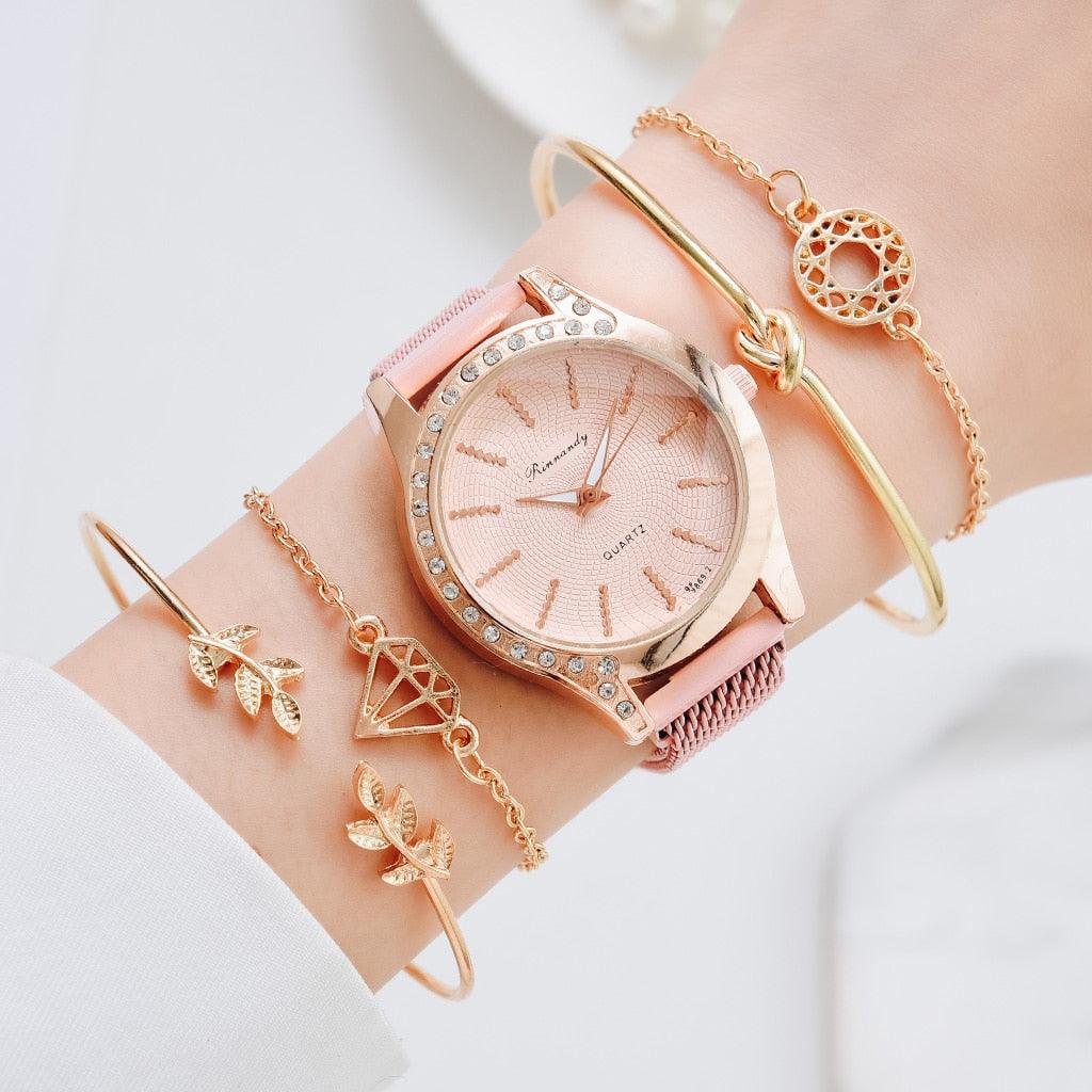 Women Watches New Luxury Fashion Quartz Ladies Watch Clock Rose Gold Diamond Dial Dress Casual Wristwatch Quartz Movement Girls Ladies Wristwatch Big Face Mesh Belt Watch And Bracelet Set