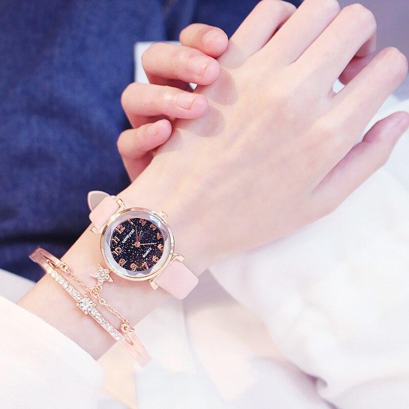 Women Watches Starry Sky Bracelet Set Watch Casual Leather Quartz Wristwatch Fashion Leather Strap Dress Analogy Display Classic Romantic With Jewelry Bracelet Set