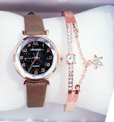 Women Watches Starry Sky Bracelet Set Watch Casual Leather Quartz Wristwatch Fashion Leather Strap Dress Analogy Display Classic Romantic With Jewelry Bracelet Set