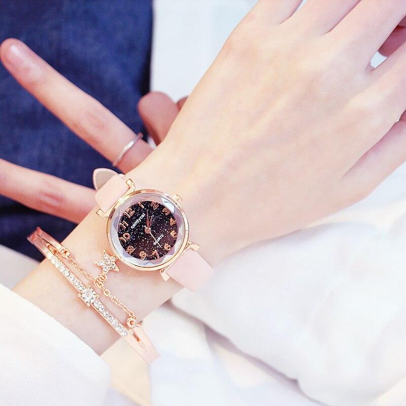 Women Watches Starry Sky Bracelet Set Watch Casual Leather Quartz Wristwatch Fashion Leather Strap Dress Analogy Display Classic Romantic With Jewelry Bracelet Set