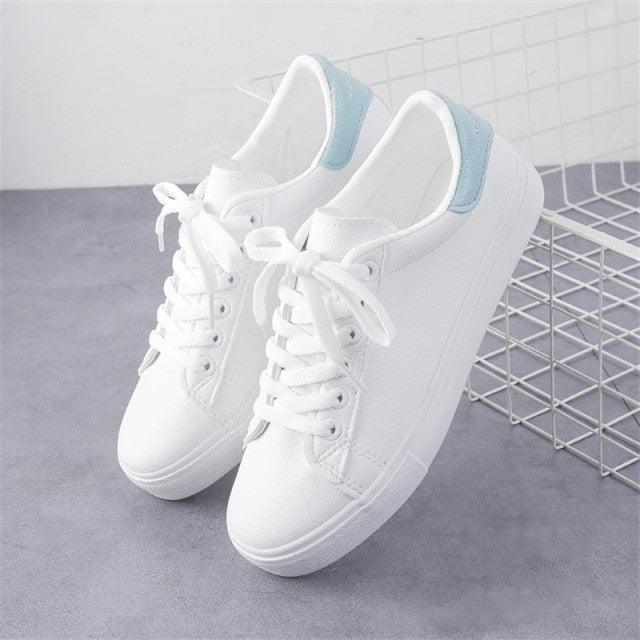 Women White Sneakers Fashion Breathble Vulcanized Shoes Leather Platform Shoes White Lace Up Casual Woman Comfortable Sneakers Leather Spring Flats Trainers Sneakers