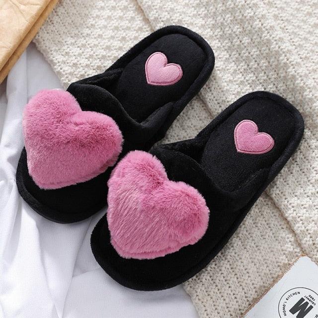 Women Winter Heart Shoes Woman Slides Plush Home Slippers Indoor House Shoes Winter Warm Fur Slippers With Embroidered Heart Details Soft And Warm House Slippers With Cushioned Insole