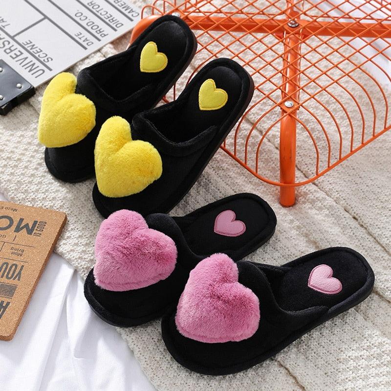 Women Winter Heart Shoes Woman Slides Plush Home Slippers Indoor House Shoes Winter Warm Fur Slippers With Embroidered Heart Details Soft And Warm House Slippers With Cushioned Insole