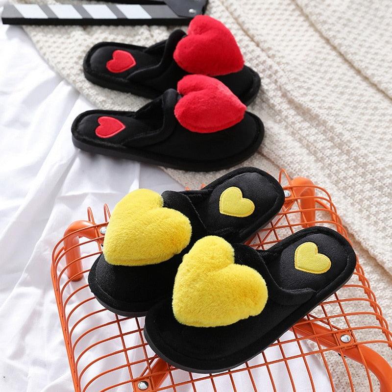 Women Winter Heart Shoes Woman Slides Plush Home Slippers Indoor House Shoes Winter Warm Fur Slippers With Embroidered Heart Details Soft And Warm House Slippers With Cushioned Insole