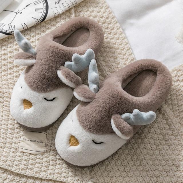 Women Winter Home Slippers Deer Elk Non-Slip Soft Warm House Shoes Men Indoor Bedroom Elk Slippers Warm Animal Slippers Winter Fleece Plush Home Slippers With Non-Skid Rubber Sole