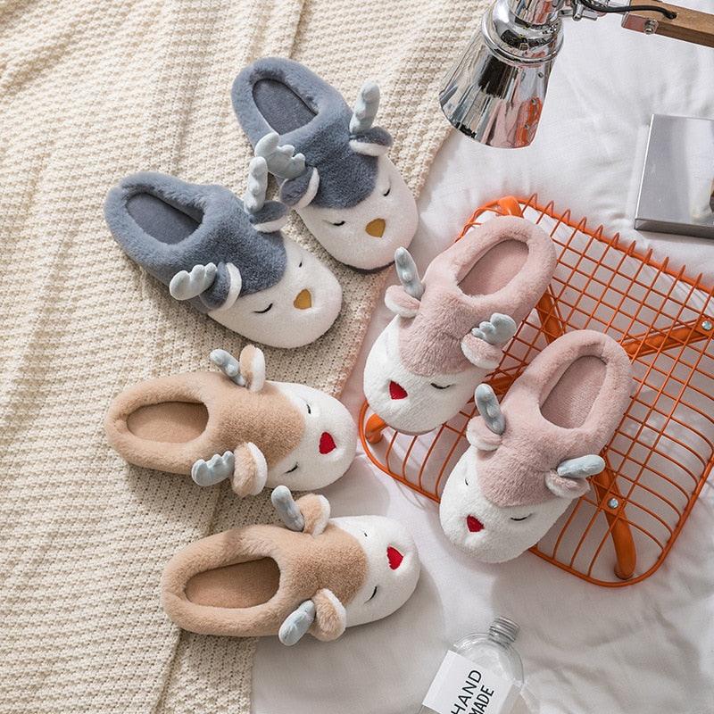 Women Winter Home Slippers Deer Elk Non-Slip Soft Warm House Shoes Men Indoor Bedroom Elk Slippers Warm Animal Slippers Winter Fleece Plush Home Slippers With Non-Skid Rubber Sole