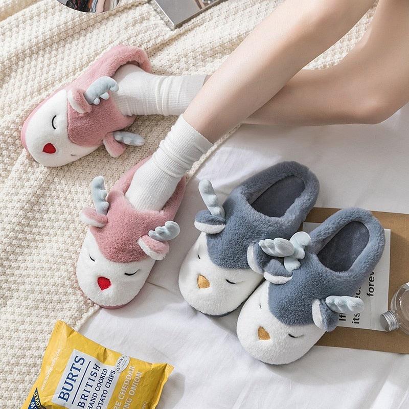 Women Winter Home Slippers Deer Elk Non-Slip Soft Warm House Shoes Men Indoor Bedroom Elk Slippers Warm Animal Slippers Winter Fleece Plush Home Slippers With Non-Skid Rubber Sole