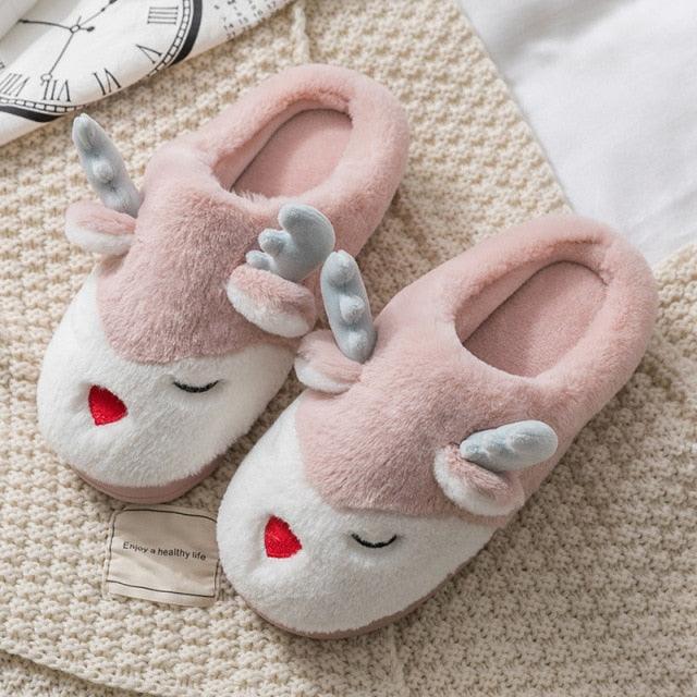 Women Winter Home Slippers Deer Elk Non-Slip Soft Warm House Shoes Men Indoor Bedroom Elk Slippers Warm Animal Slippers Winter Fleece Plush Home Slippers With Non-Skid Rubber Sole