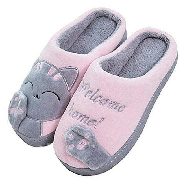 Women Winter Warm Home Slippers Couple Shoes Plush Cat Animal Slip On Soft Indoor Flats Comfort Cozy Memory Foam Scuff Slippers Slip On Warm House Shoes