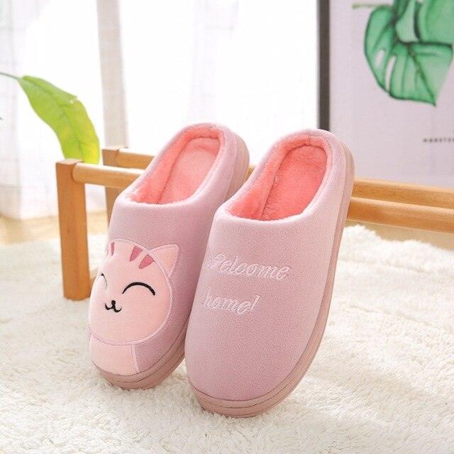 Women Winter Warm Home Slippers Couple Shoes Plush Cat Animal Slip On Soft Indoor Flats Comfort Cozy Memory Foam Scuff Slippers Slip On Warm House Shoes