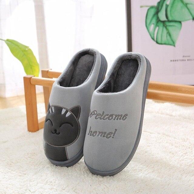 Women Winter Warm Home Slippers Couple Shoes Plush Cat Animal Slip On Soft Indoor Flats Comfort Cozy Memory Foam Scuff Slippers Slip On Warm House Shoes