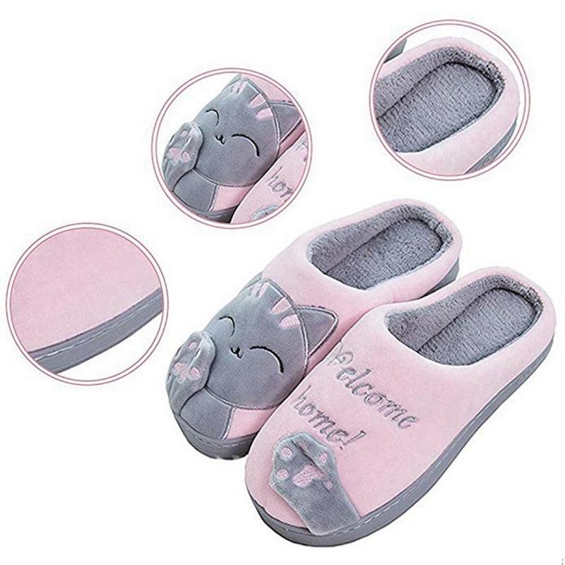 Women Winter Warm Home Slippers Couple Shoes Plush Cat Animal Slip On Soft Indoor Flats Comfort Cozy Memory Foam Scuff Slippers Slip On Warm House Shoes