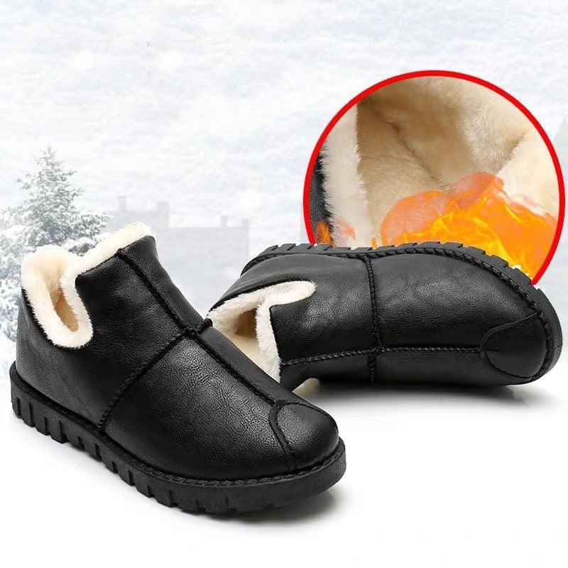 Women Winter Warm Luxury Shoes Waterproof Plush Leather Cotton Shoes Daily Home Non-slip Soft Sole Plush Lining Shoes Warm Fur Lined Booties Lace Up Flat Platform Elegant Comfortable Black Shoes