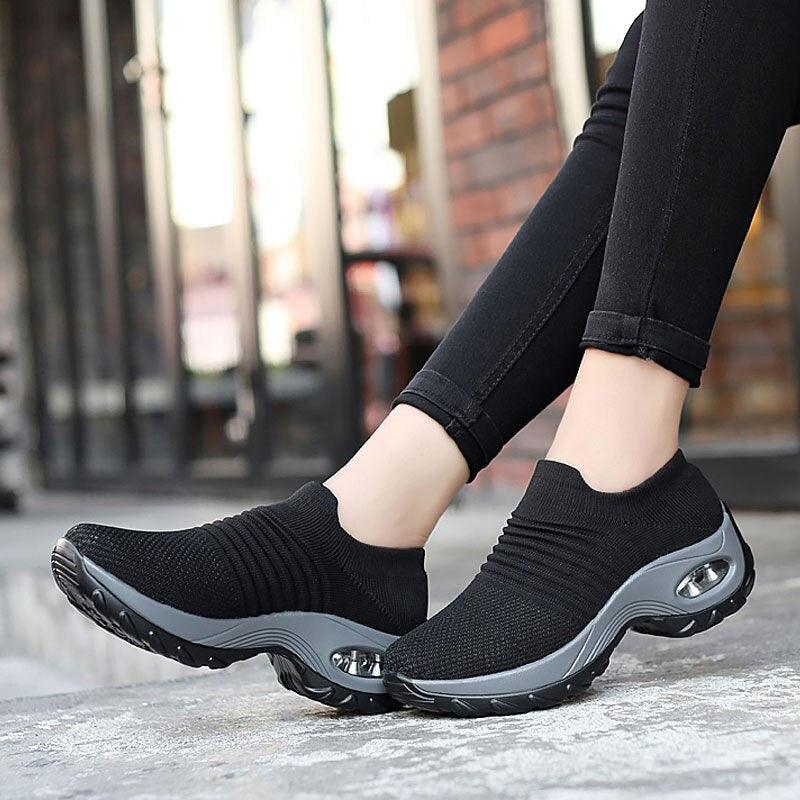 Womens Breathable Sneakers New Mesh Women Shoes Slip-On Air Cushion Casual Walking Shoes Lightweight Breathable Mesh Athletic Running Shoes Fashion Slip-on Sock Sneakers