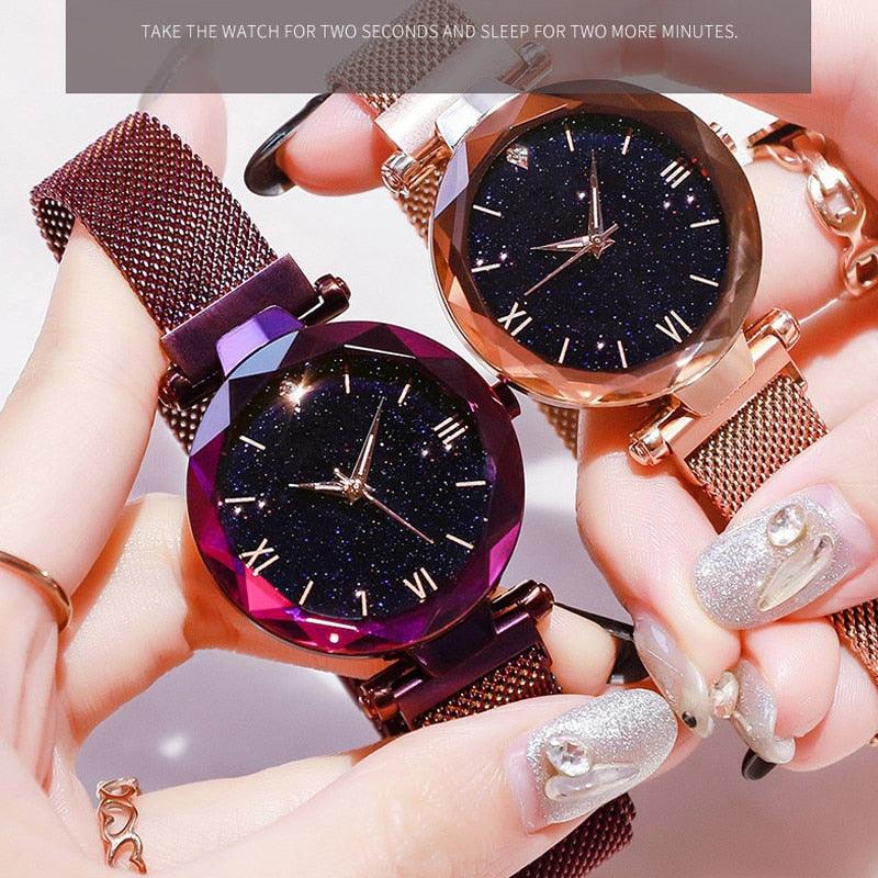 Womens Fashion Starry Sky Watches Magnet Buckle Mesh Belt Diamond Quartz Watch Women Dress Rose Gold Analog Watch Starry Sky Stainless Steel Quartz Ladies Magnetic Band Simple Fashion Gold Watches For Women