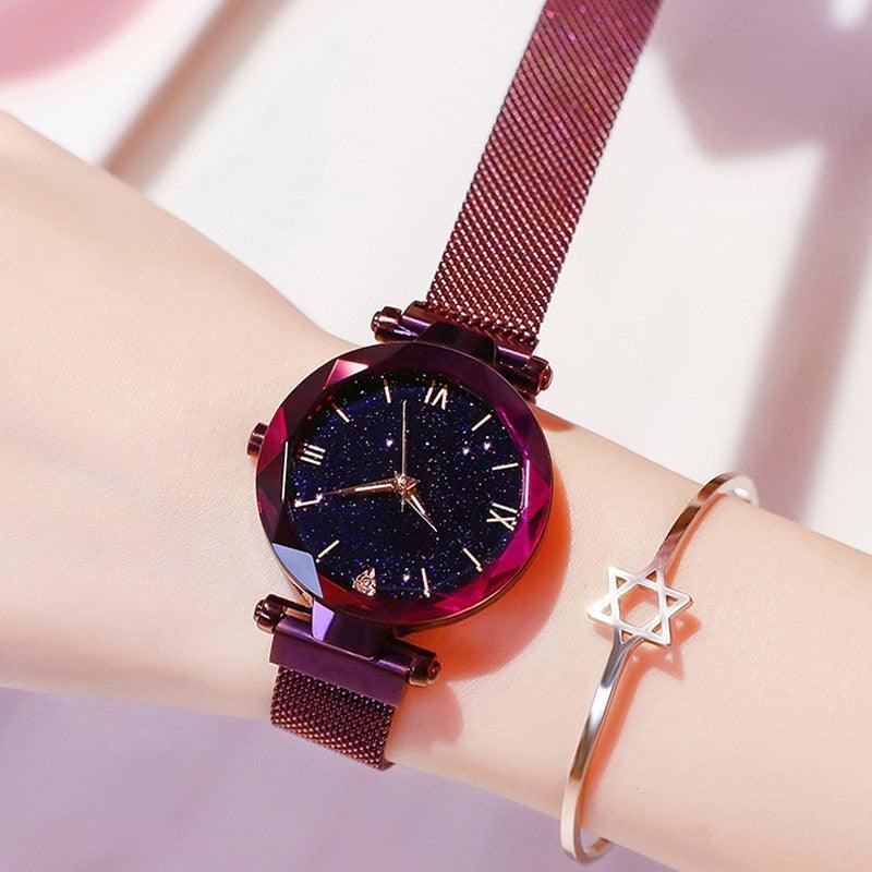 Womens Fashion Starry Sky Watches Magnet Buckle Mesh Belt Diamond Quartz Watch Women Dress Rose Gold Analog Watch Starry Sky Stainless Steel Quartz Ladies Magnetic Band Simple Fashion Gold Watches For Women