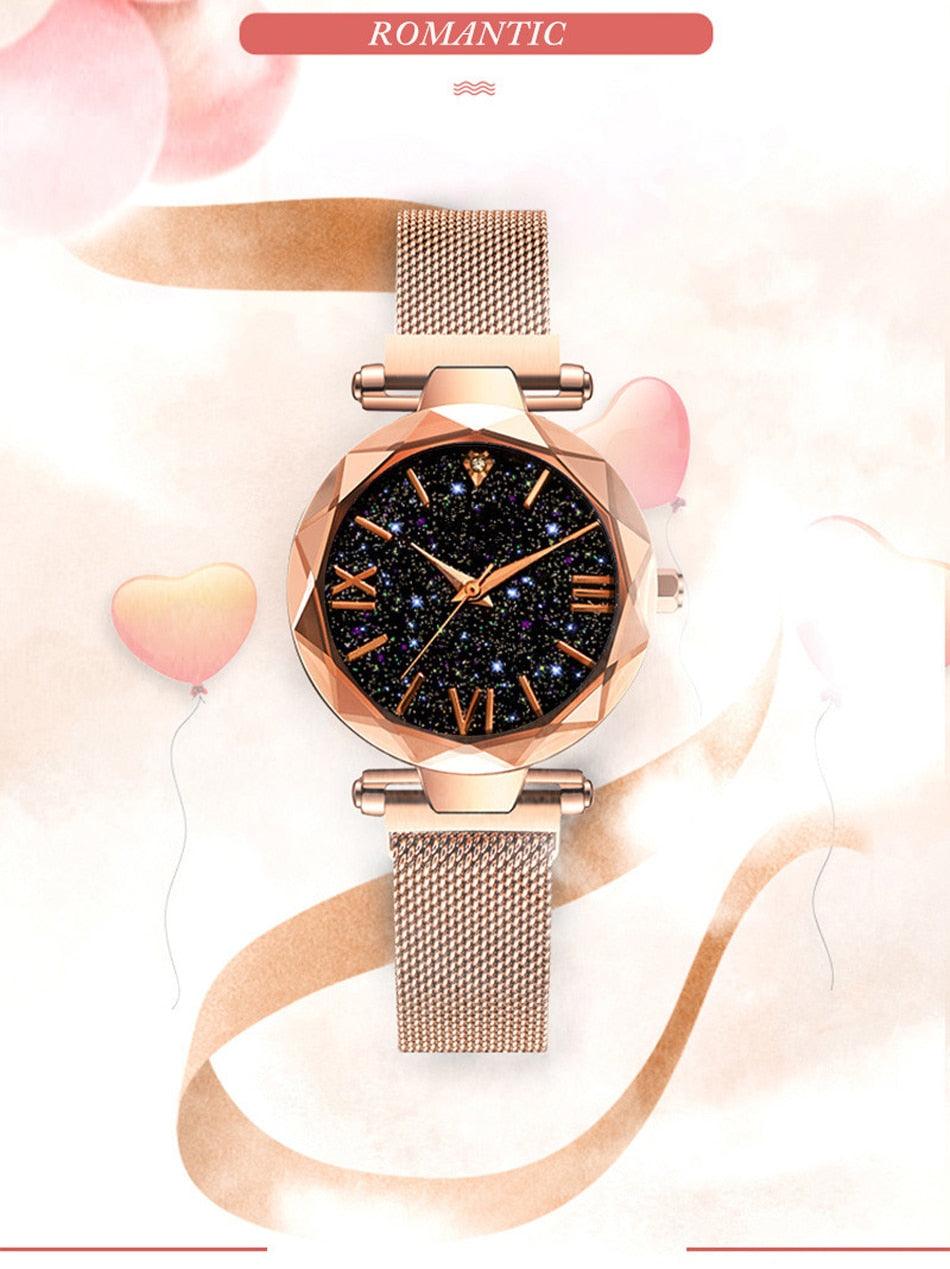 Womens Fashion Starry Sky Watches Magnet Buckle Mesh Belt Diamond Quartz Watch Women Dress Rose Gold Analog Watch Starry Sky Stainless Steel Quartz Ladies Magnetic Band Simple Fashion Gold Watches For Women