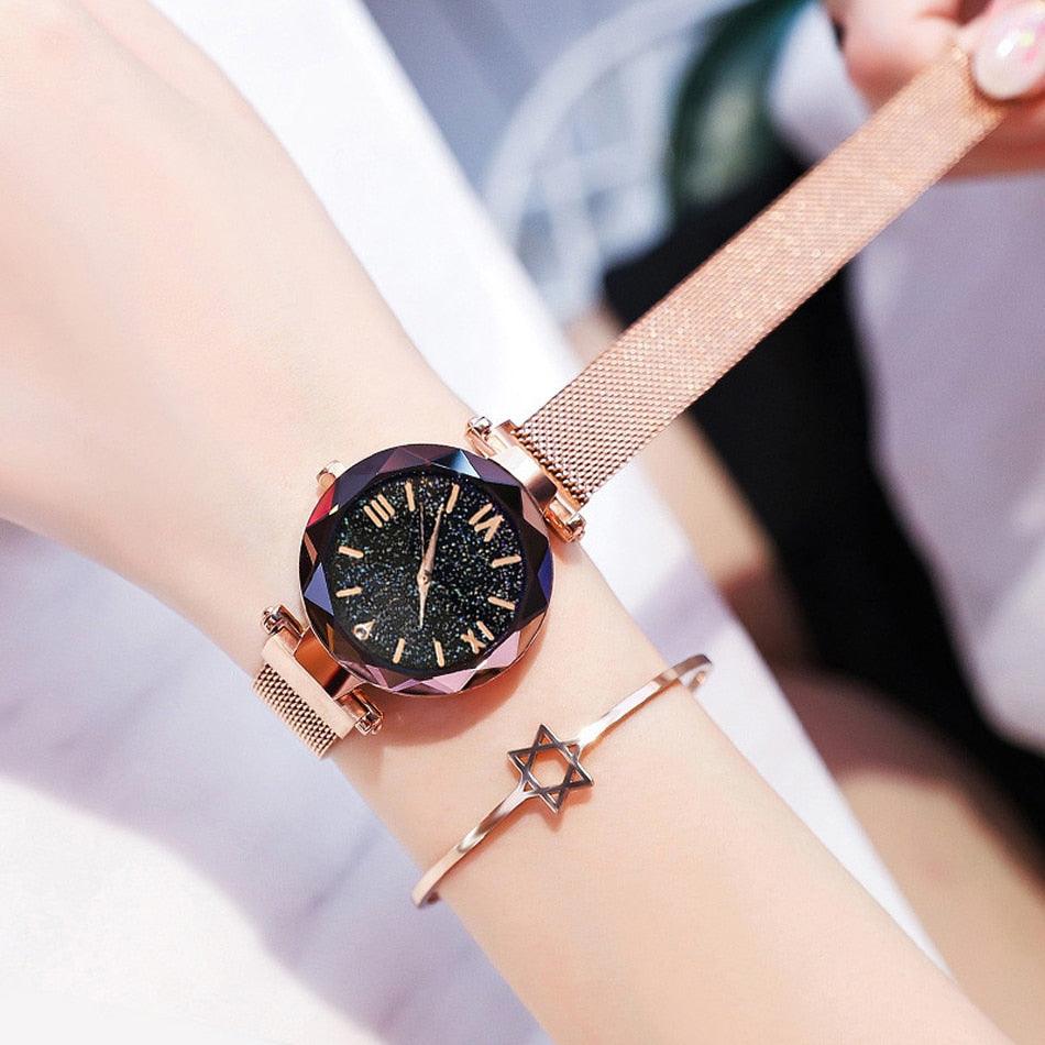 Womens Fashion Starry Sky Watches Magnet Buckle Mesh Belt Diamond Quartz Watch Women Dress Rose Gold Analog Watch Starry Sky Stainless Steel Quartz Ladies Magnetic Band Simple Fashion Gold Watches For Women