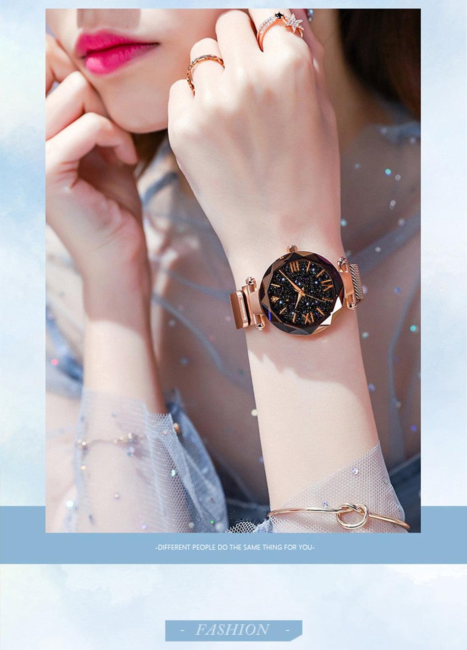 Womens Fashion Starry Sky Watches Magnet Buckle Mesh Belt Diamond Quartz Watch Women Dress Rose Gold Analog Watch Starry Sky Stainless Steel Quartz Ladies Magnetic Band Simple Fashion Gold Watches For Women