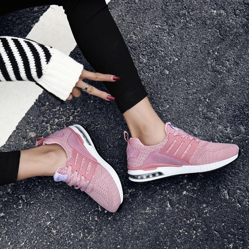 Womens Light Weight Running Sneakers Air Sole Breathable High Quality Sport Women Mesh Running Casual Slip On Flats Comfortable Walking Air Cushion Sneakers