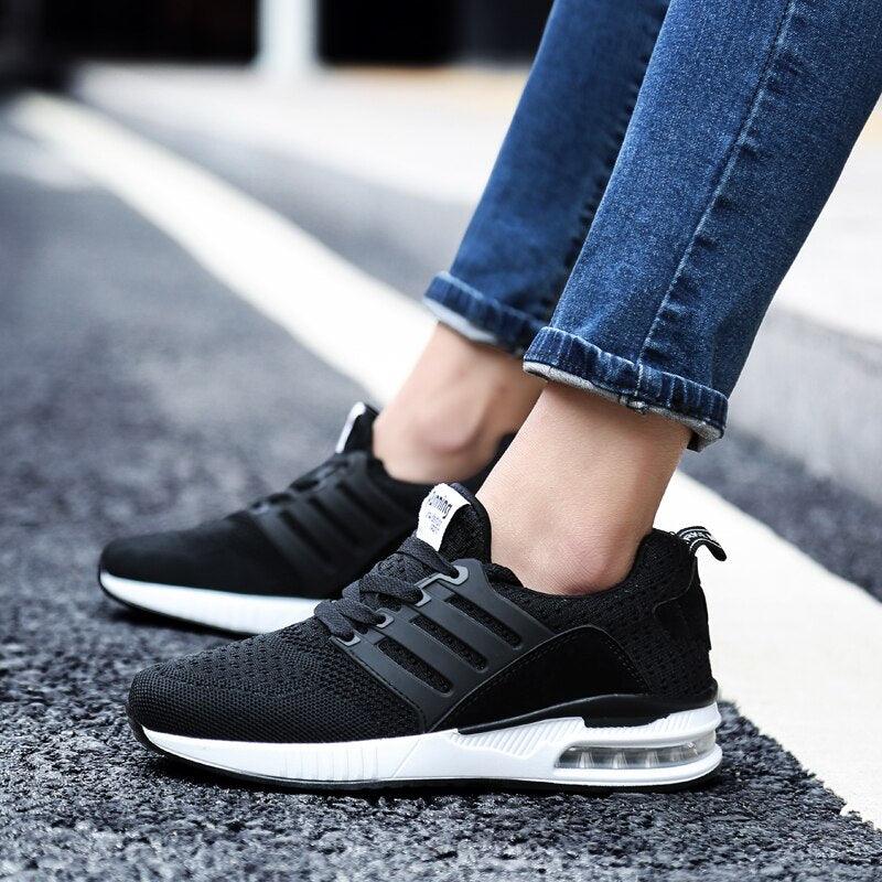 Womens Light Weight Running Sneakers Air Sole Breathable High Quality Sport Women Mesh Running Casual Slip On Flats Comfortable Walking Air Cushion Sneakers