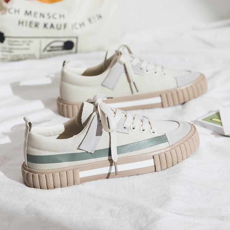 Womens New Spring Fashion Canvas Casual Flats Striped Vulcanize Fashion Style Sneakers Low-Cut Trainers Canvas Flat Sneakers Casual Slip On Canvas Comfortable Design