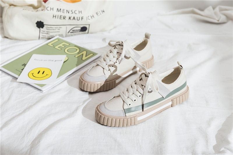 Womens New Spring Fashion Canvas Casual Flats Striped Vulcanize Fashion Style Sneakers Low-Cut Trainers Canvas Flat Sneakers Casual Slip On Canvas Comfortable Design