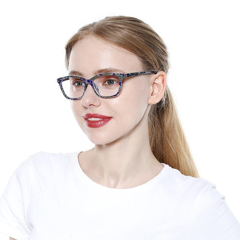 Womens Pocket Printed Reading Glasses With Matching Pouch Spring Hinge Presbyopic Reading Glasses For Women Anti Eyestrain Computer Reading TV Glasses Stylish Frame+1.0 To 4.0