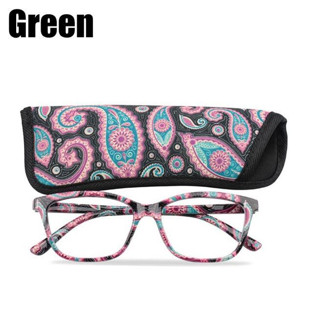 Womens Pocket Printed Reading Glasses With Matching Pouch Spring Hinge Presbyopic Reading Glasses For Women Anti Eyestrain Computer Reading TV Glasses Stylish Frame+1.0 To 4.0