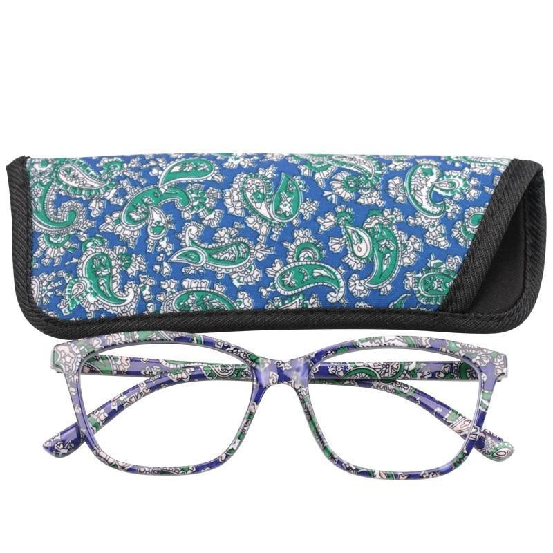 Womens Pocket Printed Reading Glasses With Matching Pouch Spring Hinge Presbyopic Reading Glasses For Women Anti Eyestrain Computer Reading TV Glasses Stylish Frame+1.0 To 4.0