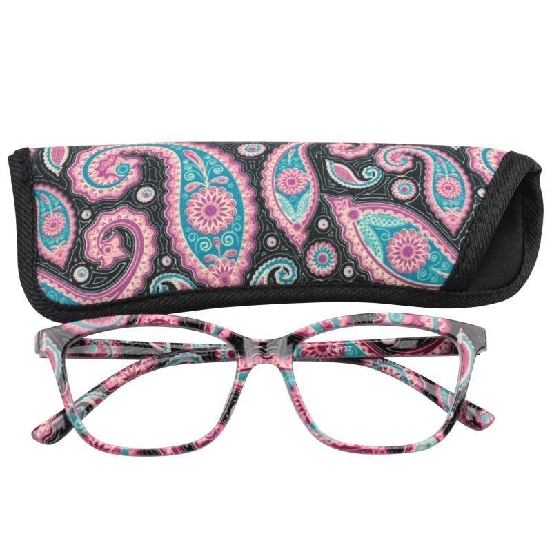 Womens Pocket Printed Reading Glasses With Matching Pouch Spring Hinge Presbyopic Reading Glasses For Women Anti Eyestrain Computer Reading TV Glasses Stylish Frame+1.0 To 4.0