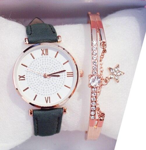 Womens Watches Bracelet Set Starry Sky Ladies Watch Casual Leather Student Quartz Wristwatch Luxury Fashion Minimalist Leather Strap Dress Analogue Quartz Round Elegant Watch