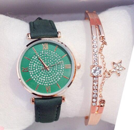 Womens Watches Bracelet Set Starry Sky Ladies Watch Casual Leather Student Quartz Wristwatch Luxury Fashion Minimalist Leather Strap Dress Analogue Quartz Round Elegant Watch