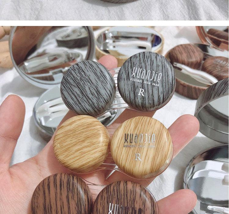 Wood Grain Round Contact Lens Case With Mirror Lens Container Cute Eye Contacts Case Contact Lens Case,Portable Contact Lens Box with Mirror Gight-Capacity Contact Lens Travel Case Dry And Wet Separation Contact Lens Remover Tool With Tweezers