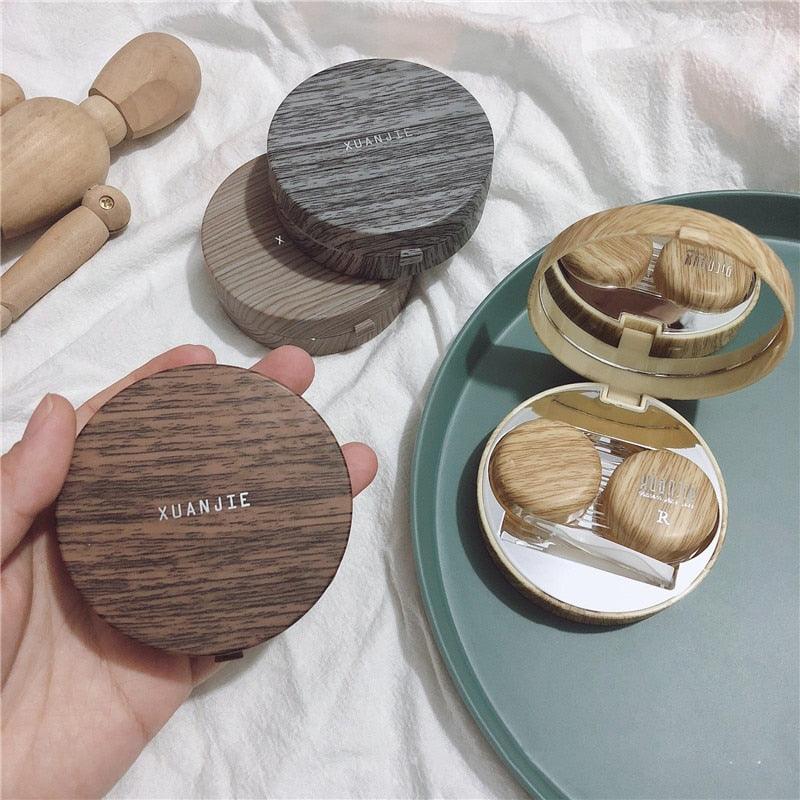 Wood Grain Round Contact Lens Case With Mirror Lens Container Cute Eye Contacts Case Contact Lens Case,Portable Contact Lens Box with Mirror Gight-Capacity Contact Lens Travel Case Dry And Wet Separation Contact Lens Remover Tool With Tweezers