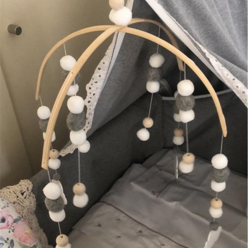 Wooden Beads Wind Chimes With Wool Balls Wooden Wind Chime Nursery Mobile Crib Bed Bell Baby Bedroom Ceiling Wooden Beads Hanging Ornament Pendant Newborn Baby Bed Hanging Wind bell Crib Tent Kids Room Decorations Ornaments