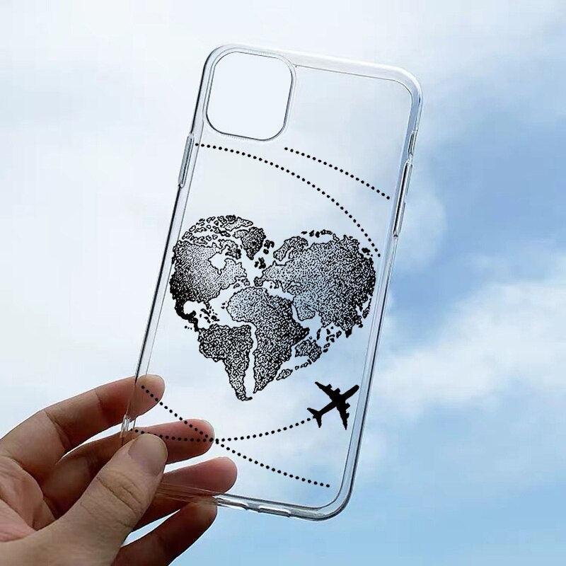 World Map Soft Clear Phone Case For iPhone 7 8 Plus SE 12 11 13 Pro Max X XS Max XR Travel Plane Transparent Back Cover Non-Slip Transparent Shockproof Protective Phone Cases Slim Thin Cute Cover for iPhone