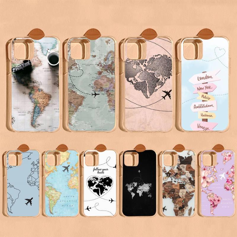 World Map Travel Phone Case for iPhone 11 12 13 Mini Pro Max 8 7 6 6S Plus X 5 SE XR XS Case shell Clear Cute Women Luxury Heart Clear Slim Thin Silicone Bumper Hard Back Protective Phone Case for iPhone