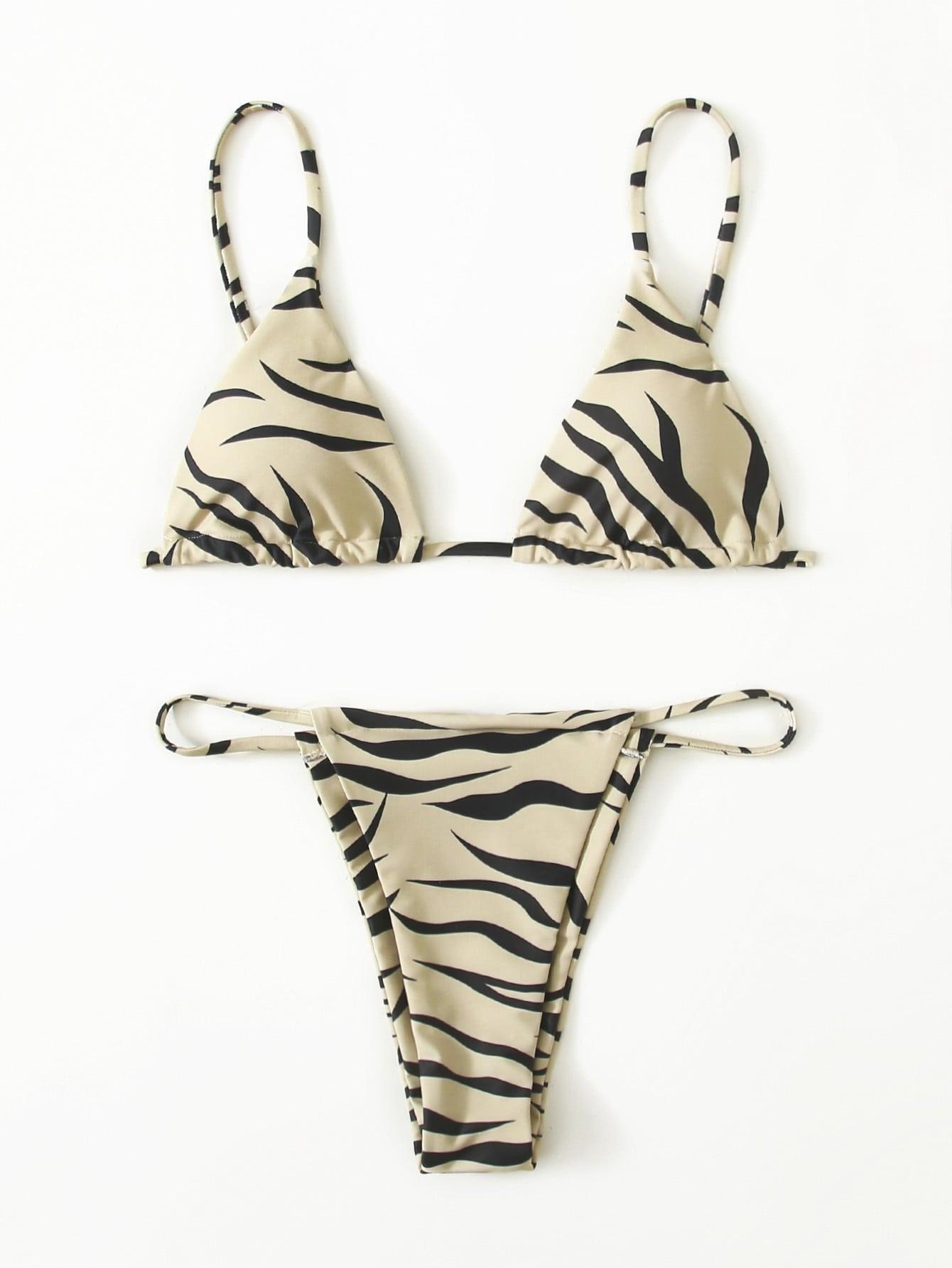 Zebra Print Push Up Bikini New Arrival Padded Bra Low Waist Swimsuit Female Swimwear Women Women's Ruffle Triangle Bikini Frill Printed String Tie Side Two Piece Set Swimsuit