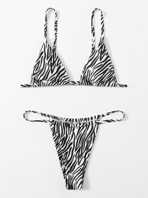 Zebra Print Push Up Bikini New Arrival Padded Bra Low Waist Swimsuit Female Swimwear Women Women's Ruffle Triangle Bikini Frill Printed String Tie Side Two Piece Set Swimsuit