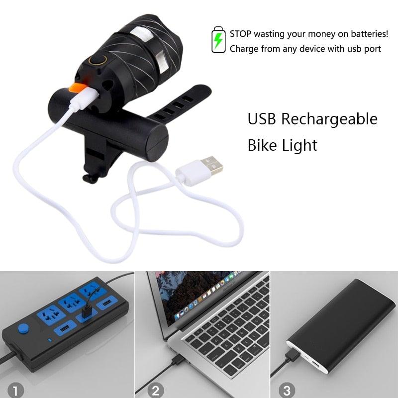 Zoomable LED Bicycle Light Bike Front Lamp Headlight With USB Rechargeable Built-In Battery Bike Light Set USB Rechargeable Powerful LED Bicycle Headlight And Tail Light Combo