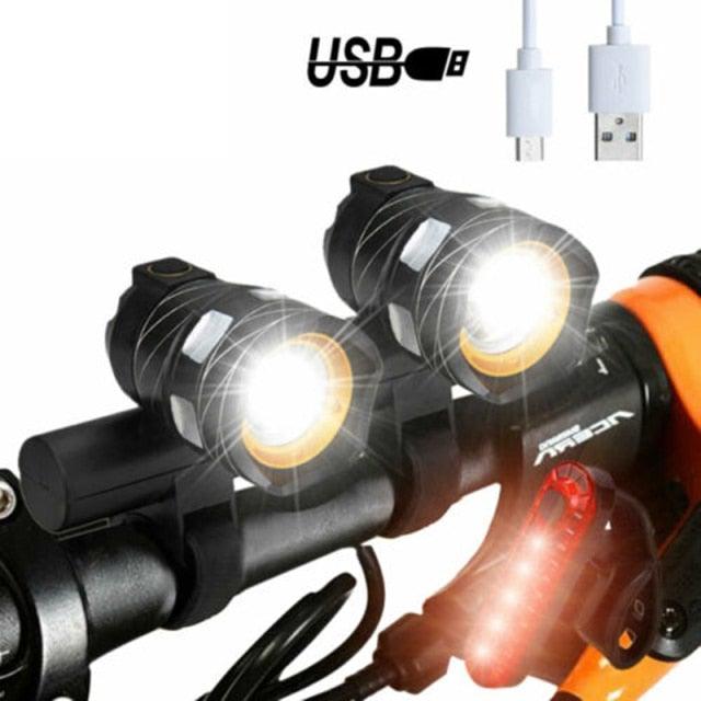 Zoomable LED Bicycle Light Bike Front Lamp Headlight With USB Rechargeable Built-In Battery Bike Light Set USB Rechargeable Powerful LED Bicycle Headlight And Tail Light Combo